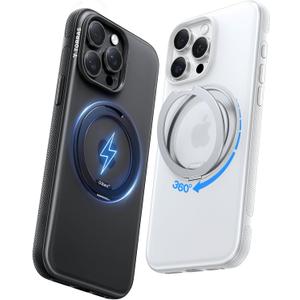 TORRAS 360 Magnetic Stand for iPhone 15 Pro Case, [Fit for MagSafe] [Military-Grade Protection] Translucent Slim Anti-Scratch Rotatable Ring Kickstand, Obsidian Black, OFitness Series