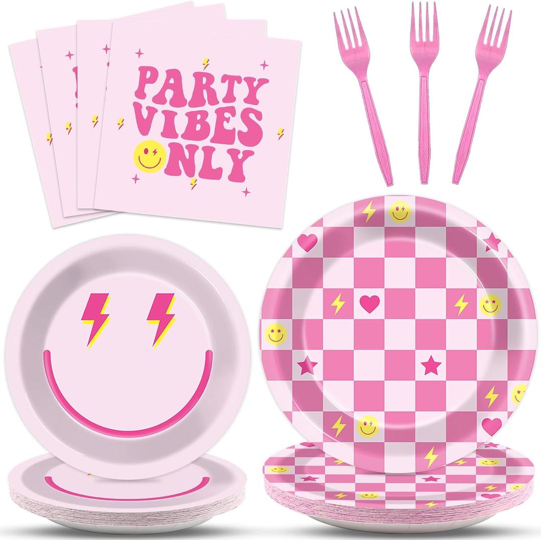 200Pcs Preppy Party Supplies Pink Smile Face Paper Plates Napkins Preppy Smile Face Party Tableware Set Dinnerware for Birthday Bachelor Baby Shower Decoration Serve 50