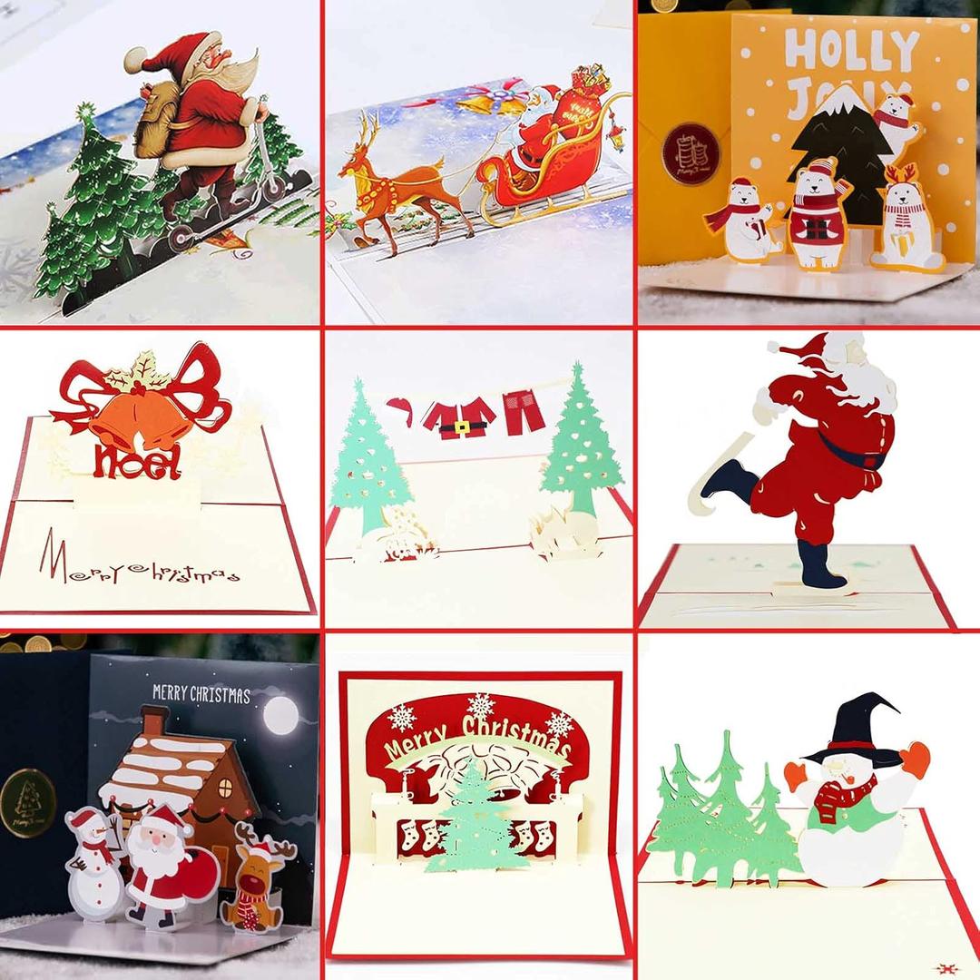 3D Christmas Greeting Cards, 9PCS, Pop Up Handmade Cards with Envelope Set of 9, For Xmas New Year Winter Holiday- Feature Xmas Tree, Snowman, Reindeer, Santa and Bell