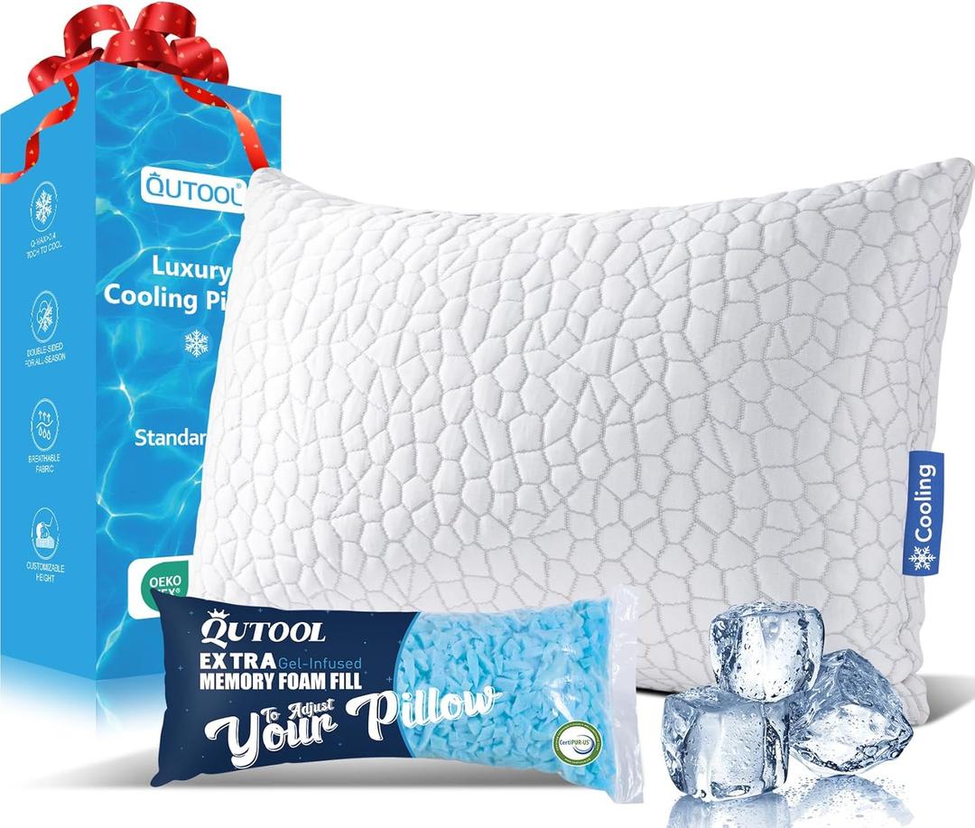 QUTOOL Cooling Bed Pillows for Sleeping Shredded Memory Foam Pillows Adjustable Gel Pillows for Side Stomach Back Sleepers Washable Removable Cover Standard Size Pack of 1, Gift for Women Men (White-cooling Basic)