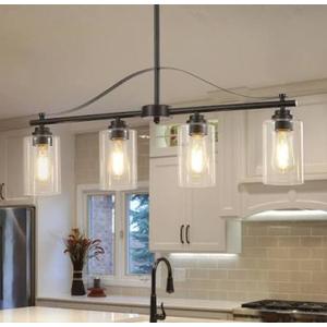 huong son Island Light for Kitchen, 4-Light Linear Chandelier Pendant Lighting for Kitchen Island, Black and Gold Dining Room Light Fixture Over Table with Clear Glass Shades