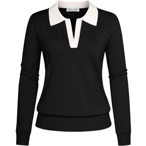 Kate Kasin Women Long Sleeve Polo Sweater V Neck Knitted Tops Casual Ribbed Shirt Loose Pullover Sweater (Small, Black White)