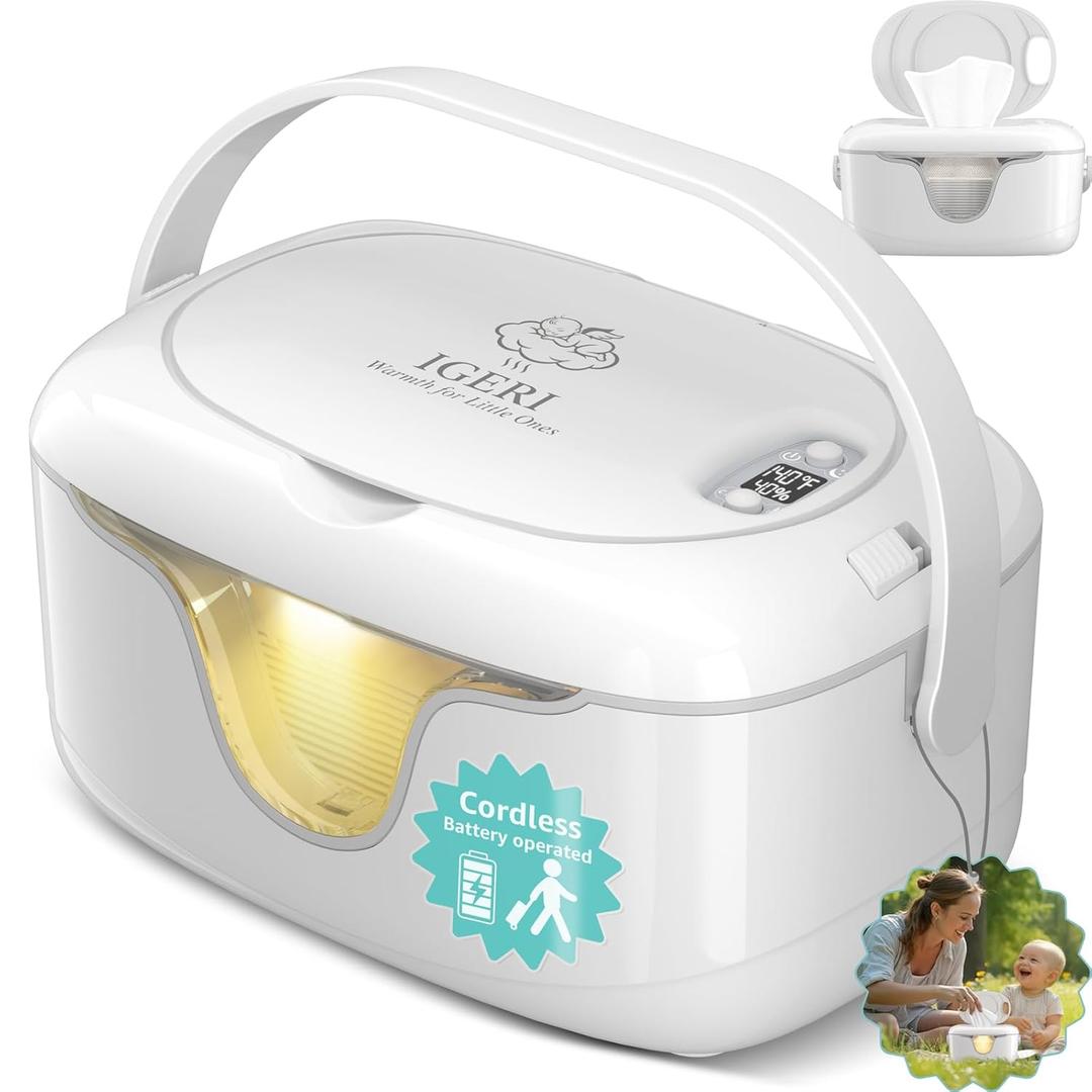 Portable Wipe Warmer and Wet Diaper Wipes Dispenser Cordless Battery Operated Travel Wetwipe Warmers Rechargeable with Nightlight Temperature Control
