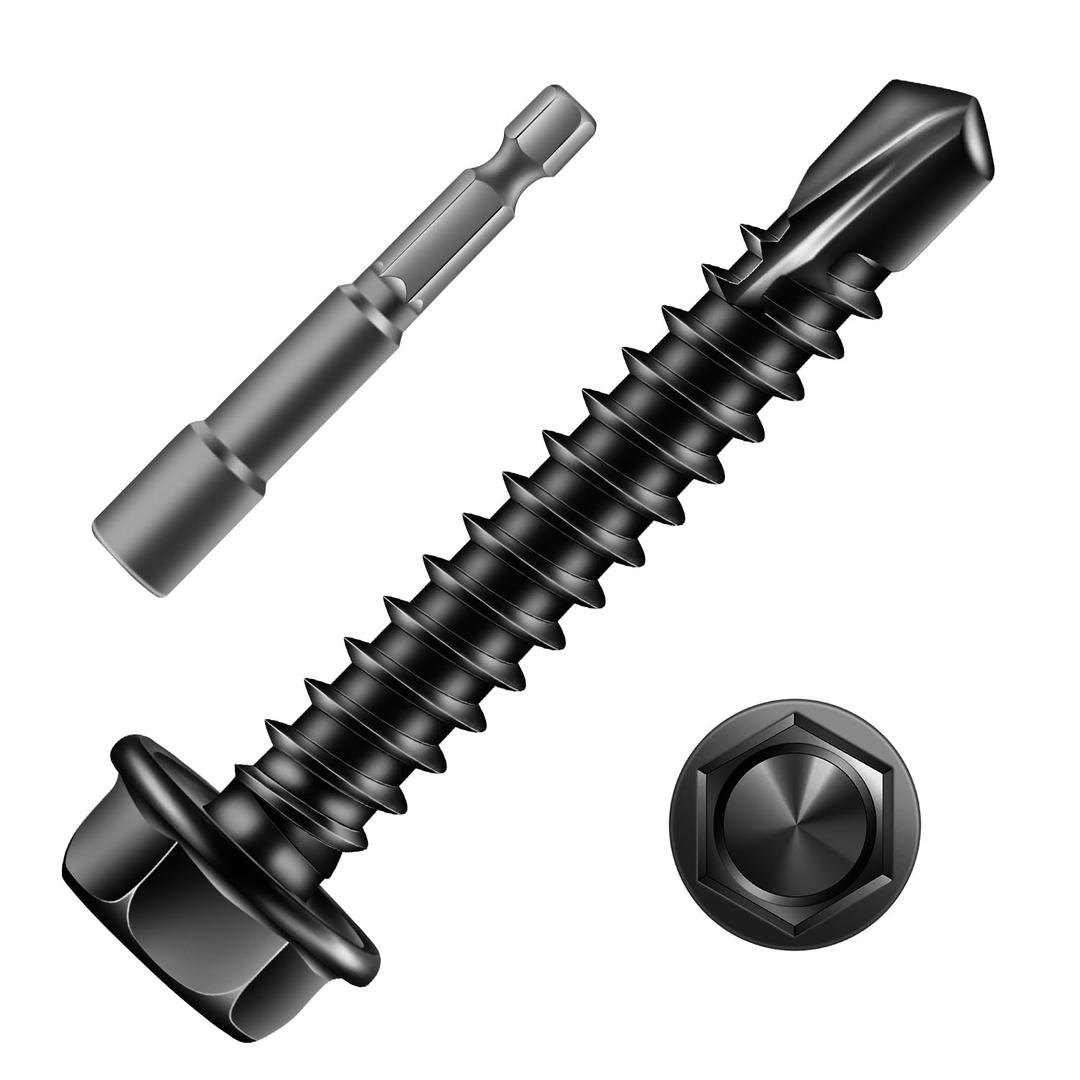 #8 x 1-1/4" Self Drilling Screws (158Pcs) Hex Washer Head 410 Stainless Steel Self Tapping Screws for Metal Sheet Metal Screws Black Oxide with Hex Socket Included