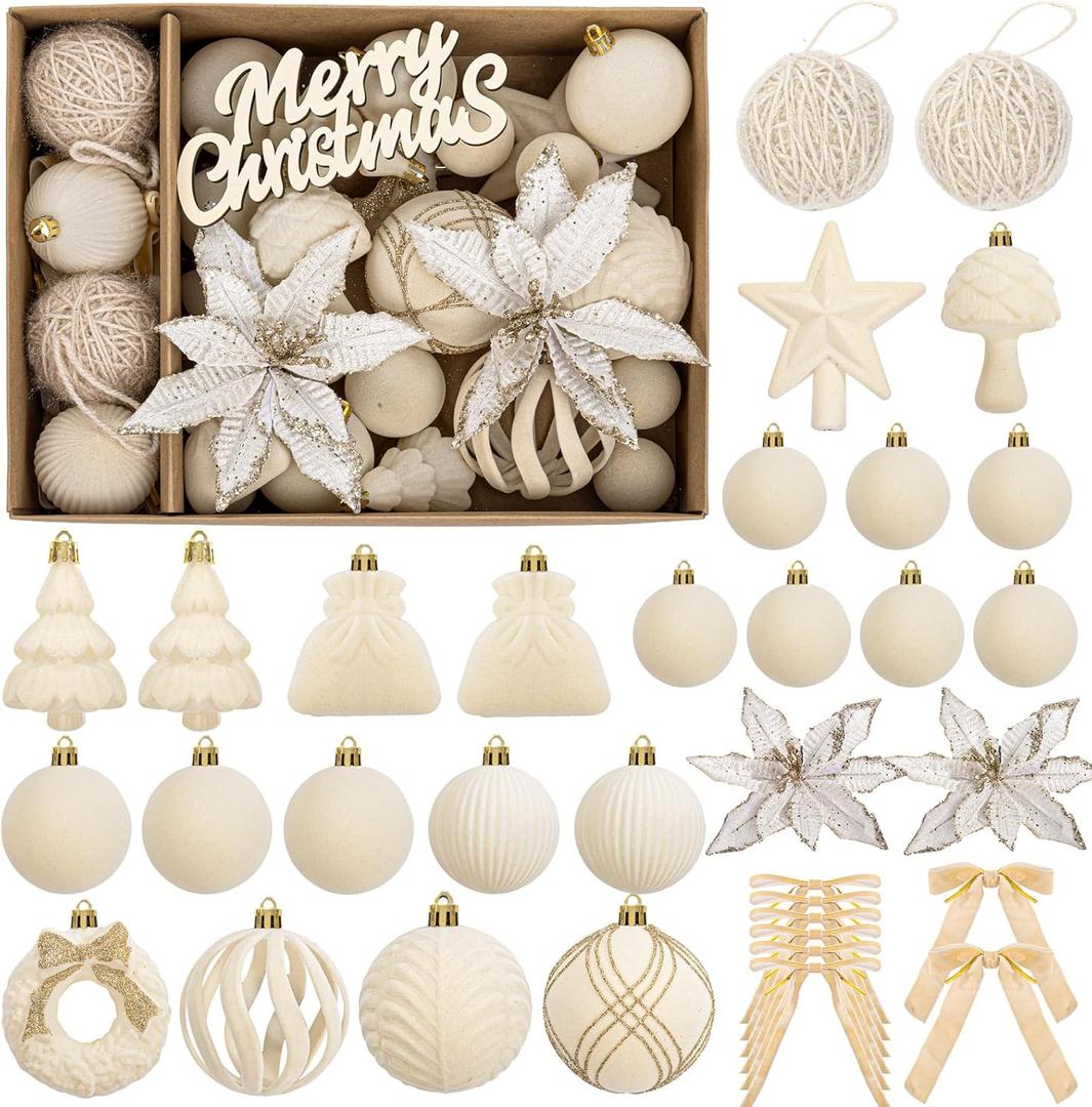 WDF 38PCS Ivory Christmas Ornaments - Beige Christmas Ornaments - Cream Velvet Balls for Christmas Decorations/Xmas Tree/Parties/Holidays (2.36inch, White)