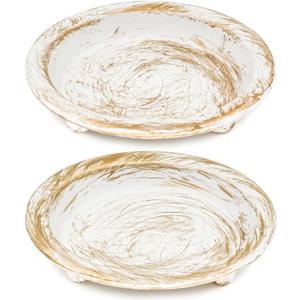 White/Gold Iron Candle Plate, Set of 2, Metal Saucer Style Candle Holder for Pillar/Scented/Flameless/Ball Candles, Decorative Candle Stand for Table Centerpiece - White/Gold
