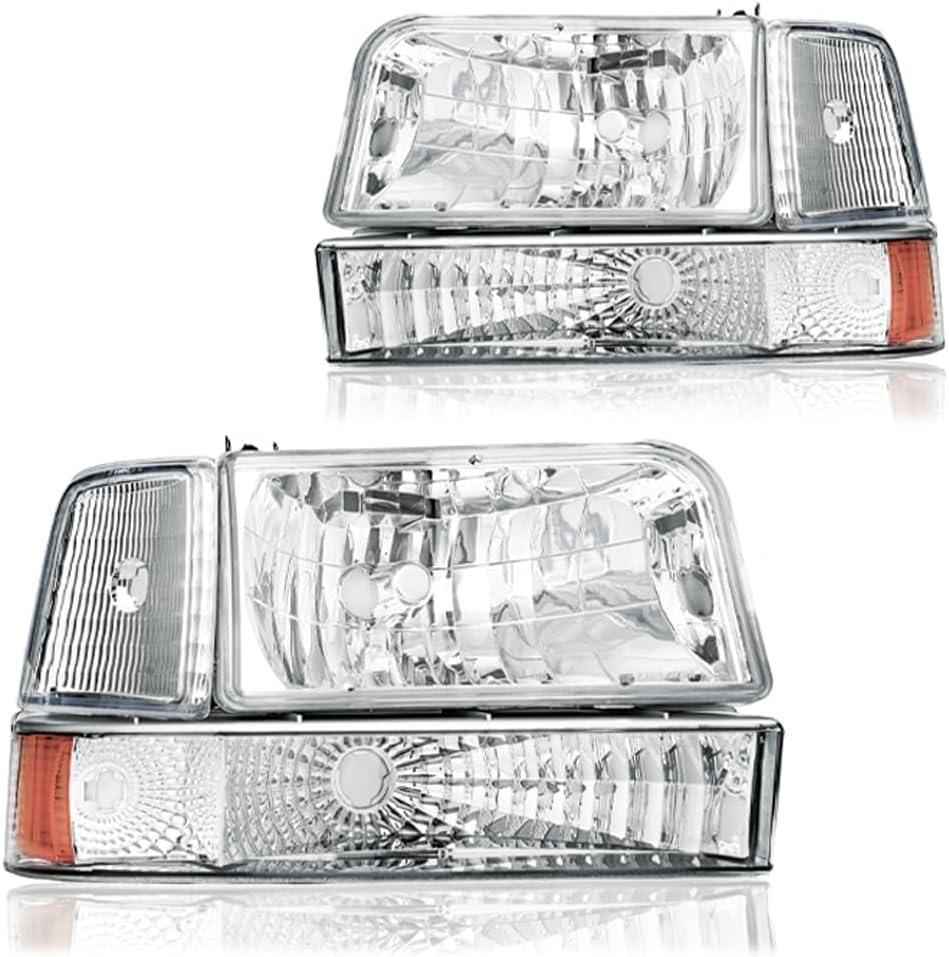 Headlight Assembly, Headlights Replacement Compatible with 1992 1993 1994 1995 1996 Ford F150 F250 F350/1992-1996 Bronco Headlamp Bumper Lamp Set Chrome Housing Amber Reflector