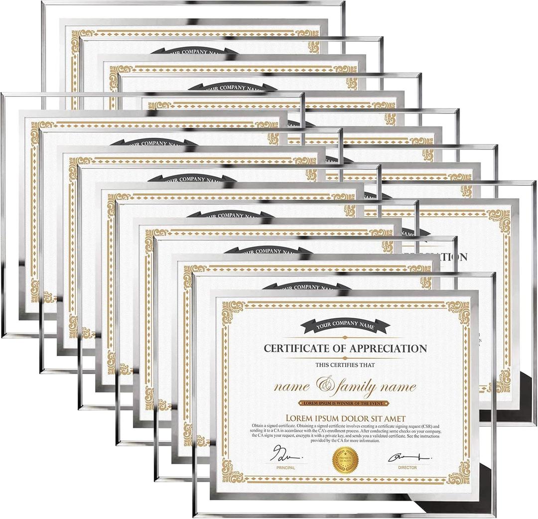 Hoikwo 8.5 by 11 Picture Frames, 12 Packs 8.5x11 Silver Glass Certificate Frames for 8.5 x 11 Document Diploma Award, Only for Tabletop Display Vertically or Horizontally