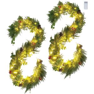NUPTIO Artificial Christmas Garland with Lights: 2Pcs 6.2Ft Pre-Lit Gold Glitter Garland with Pine Cones Red Berry Eucalyptus - Xmas Decorations for Mantle Fireplace Railing Stairs Table Door