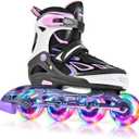 2PM SPORTS Vinal Girls Adjustable Flashing Inline Skates, All Wheels Light Up, Fun Illuminating Skates for Kids Men Adult Women and Boys (X-Large - Adult (9.5W-12W/8.5M-10.5M), Purple & Pink)