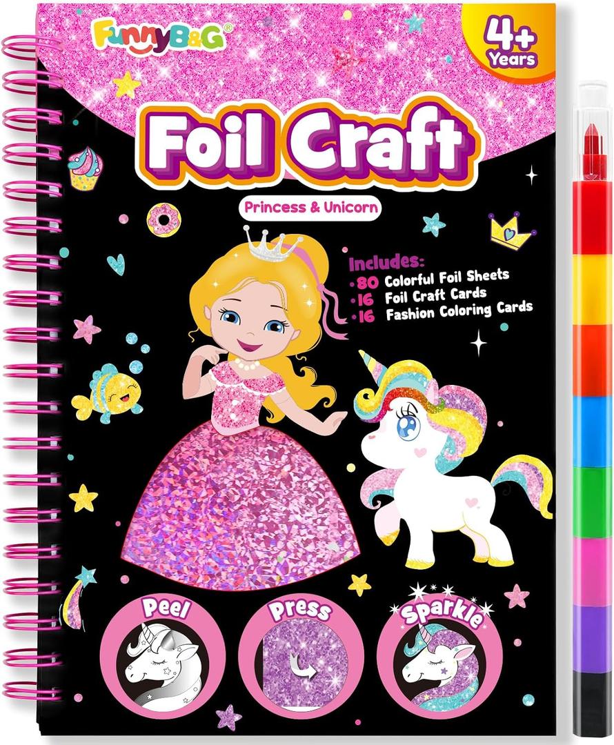 FUNNYB&G Foil Art Craft Kit for Girls 4-10 Years Old: Mess-Free & No-Glue, Create 16 Sparkly Princess Unicorn Pictures – Perfect Travel Toy & Birthday Gift for Kids (Princess), 15 cm x 25 cm