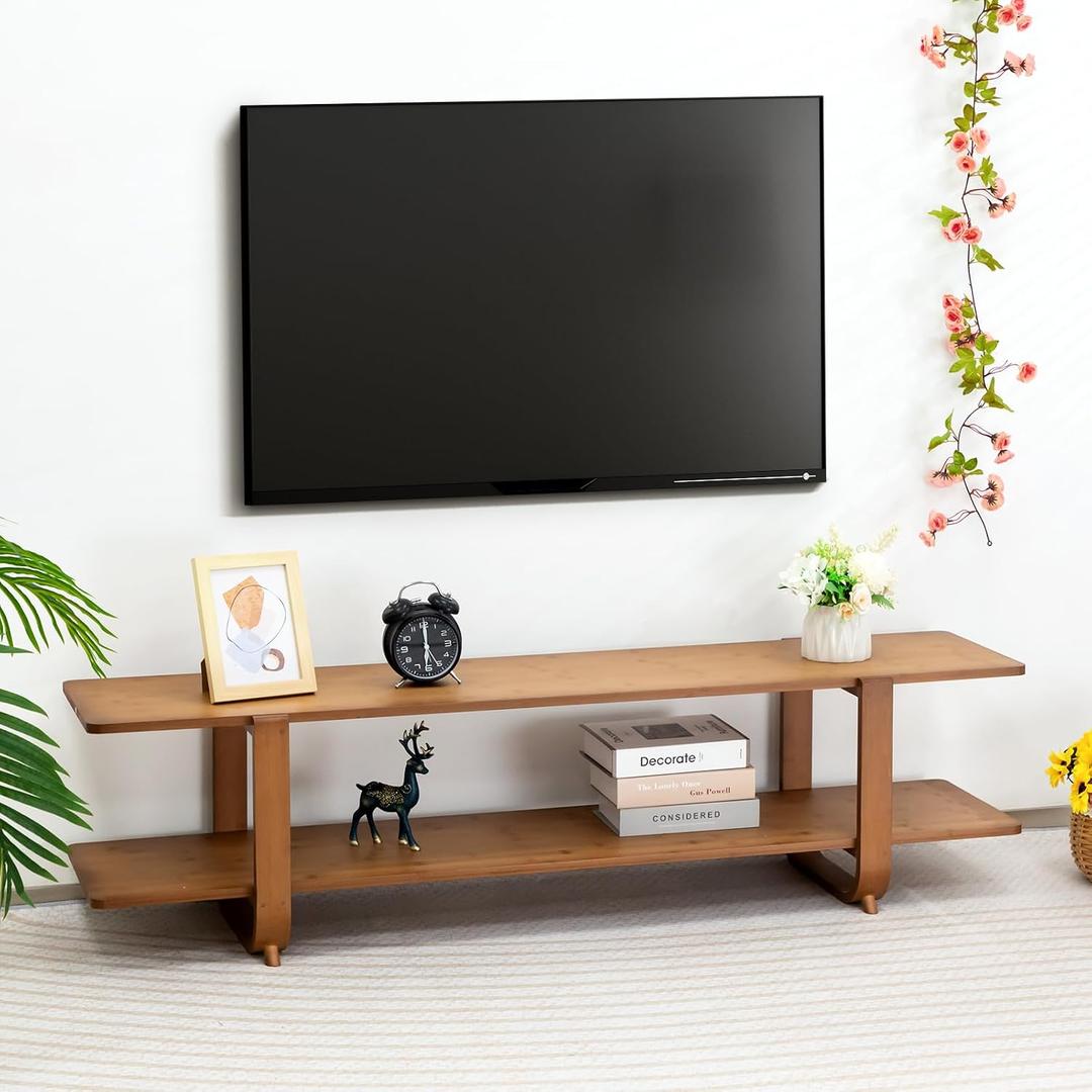 HollyHOME Bamboo TV Stand with Storage for TVs up to 65'', Modern Entertainment Center with 2 Open Shelf, Accent TV Media Console Table for Living Room, Bedroom, 55"(L), Walnut, Onesize