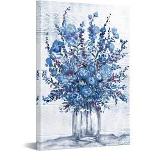 Nachic Wall Navy Blue Flower Canvas Wall Art Large Abstract Bouquet in Vase Artwork Prints for Teen Girl Bedroom Floral Pictures Bathroom Decor 16" x 24"