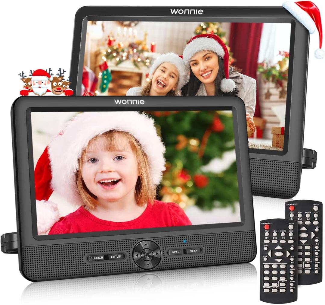 WONNIE 10 Inch Car DVD Players, Portable DVD Player Dual Screen Play Two Different or The Same Movie with 2 Headrest Mount, 5H Rechargeable Battery, Last Memory, AV Out/in, Support USB/SD/Sync TV (Black)