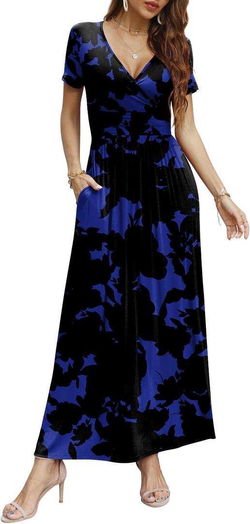 CATHY Women Short Sleeve Deep V-Neck Casual Long Dress Pleated Waist Maxi Dresses with Pockets, XL, Short Purple Flowers