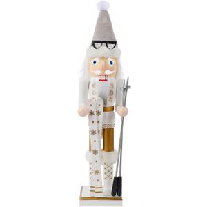 Joliyoou 15 inch Christmas Nutcracker, Wooden Nutcracker Skier Wearing A White Ski Suit, Traditional Hand-Painted Festive Decorations for Table, Mantel and Xmas Party
