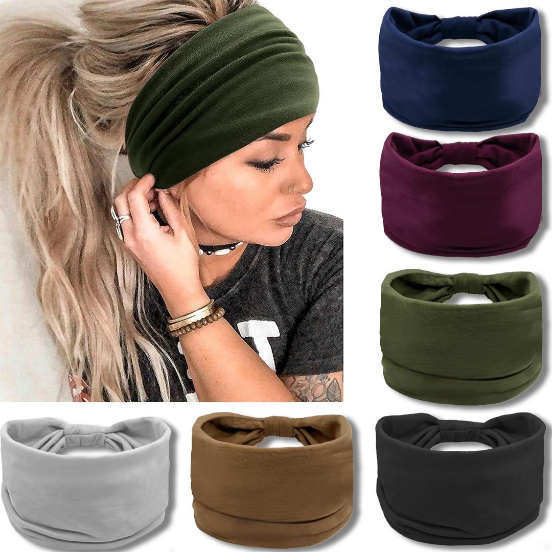 IVARYSS Wide Headbands for Women, Solid Knotted Head Wraps Turbans, Large African Style Head Bands Hair Accessories, 6 Pack