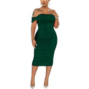 Women's Sexy Off Shoulder Sleeveless Bodycon Ruched Midi Elegant Cocktail Evening Party Night Tube Dresses (XX-Large, 88-dark Green)