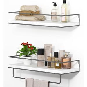 Shario White Floating Shelves - Set of 2, Wall Mounted Hanging Shelves with Grey Towel Rack, Decorative Storage Shelves for Bathroom, Kitchen, Living Room & Bedroom (White Grey, 15.7 Inches)