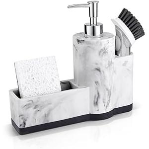 zccz Soap Dispenser with Sponge Holder and Brush Holder, Marble Pattern Kitchen Dish Soap Dispenser Pump Bottle Countertop Sink Caddy Bathroom Organizer Sponge Holder for Sink Storage and
