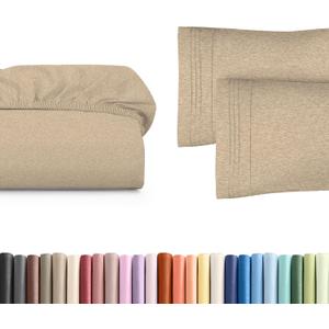 Full Size Fitted Bed Sheet + 2 Pillowcases Bundle - Hotel Luxury Single Fitted Bottom Sheet Only - Fits Mattress w/ Deep Pockets Between 8 to 16 inches - Breathable & Wrinkle Free - Heathered Beige