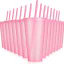 Hxezoc 16-Piece Reusable Cups with Lids and Straws, 24 oz Glitter Plastic Tumbler Iced Coffee Cups Travel Mugs for Smoothies, Juices, Beach, Bachelor Party (Light Pink)