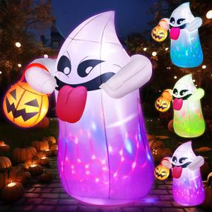 5FT Halloween Inflatables Ghost Built-in 3-Colored Flashing LED Light, Cute Halloween Decorations Outdoor Holding Pumpkin Blow Up Yard Decoration Blowups for Indoor Outdoor Holiday Party (1 PC)