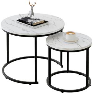 aboxoo Round Nesting Coffee Table Side Table Set of 2 End Tables for Living Room Bedroom Balcony, White Faux Marble Wooden Table Accent Coffee Table with Black Steel Frame