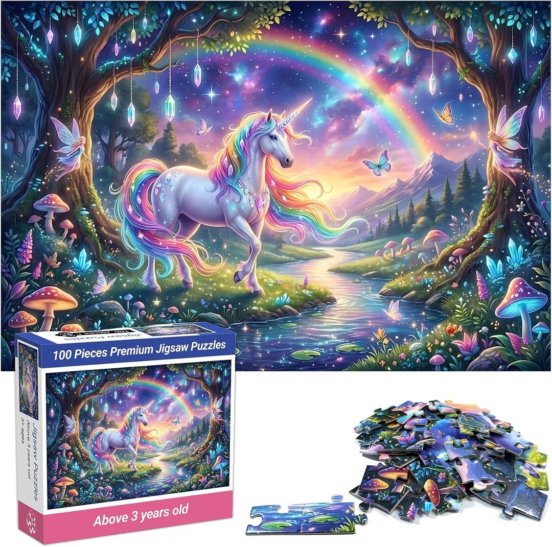 Unicorn Jigsaw Puzzles for Kids Ages 4-6 6-8 8-10, 100 Piece Magical Rainbow Puzzle for Girls Boys Adults, Large Educational Learning Toy with 1:1 Poster, Enchanted Forest Birthday Gift