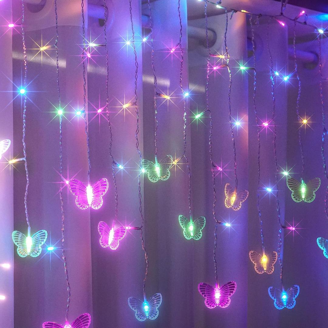 Curtain Butterfly String Light 20Ft 120LED Window USB Fairy Lights 24 Butterfly 8 Modes with Remote Control for Room Bedroom Patio Party Wedding Holiday Christmas Decoration (Pastel)