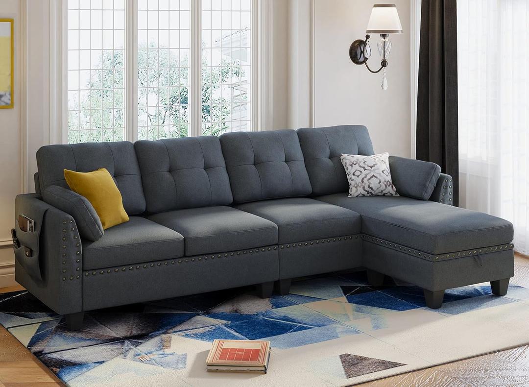 HONBAY Convertible Sectional Sofa L Shaped Couch Reversible Sectional Couches for Living Room,Mid Bluish Grey