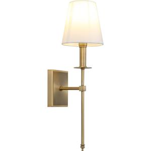 PERMO Single Classic Rustic Industrial Wall Sconce Lighting Fixture with Flared White Textile Lamp Shade and Antique Brass Tapered Column Stand, Hardwired, E26 Base