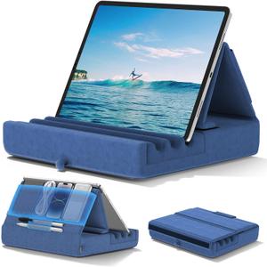 KDD Tablet Pillow Holder, Foldable iPad Stand for Lap, Bed and Desk -Tablet Soft Pad Dock with Pocket & Stylus Mount Compatible with iPad Pro 12.9, 10.5, 9.7 Air Mini 6 5 4 3, Galaxy Tab,E-Reader (Blue)