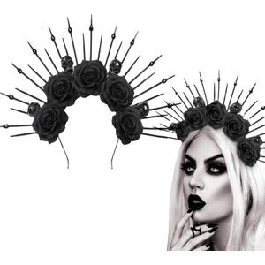 AUOCATTAIL Black Rose Flower Hair Hoop Skull Headband Gothic Cosplay Halloween Party Cosutmes Props Headpiece Accessory
