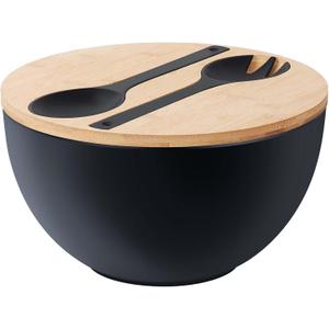12.6" Extra Large Salad Serving Bowl Set with Wooden Lid&Utensils, 8.4Qt., Bamboo Fiber Salad Bowl with Servers for Kitchen, Big Bowl for Mixing Salad,Fruit,Pasta (Matte Black)