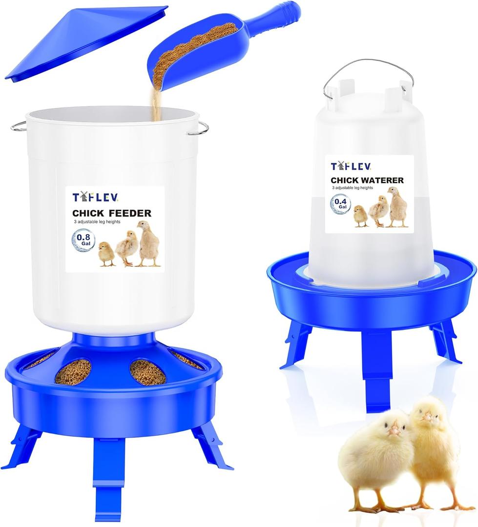 Top Filling Chick Feeder and Waterer Set with Scoop, 0.8Gal Chick Feeder and 0.4Gal Chick Waterer with 3 Heights Adjustable Legs for Chicks