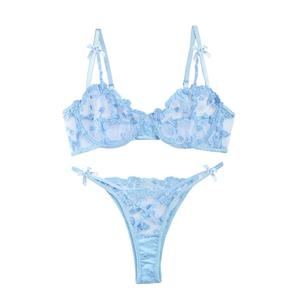 Lilosy Petite Sexy Cute Underwire Push Up Strappy Heart Embroidered Mesh Sheer Lingerie Set for Women Bachelorette See Through Bra and Panty 2 Piece Bow Light Blue XX-Small