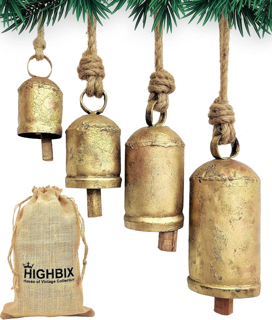 Rustic Christmas Hanging Bells  Handmade Iron Bell Set on Jute Rope  Vintage Shabby Chic Door & Wall Decor  HIGHBIX Farmhouse Holiday Decoration (4)