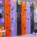 Mega-L Halloween Foil Fringe Curtains, 3 Pack Orange Purple Black Photo Booth Props, 18 Pcs PVC Bat & Spider Stickers Wall Decals, Halloween Photo Backdrop Wall Decor for Halloween Party Decorations