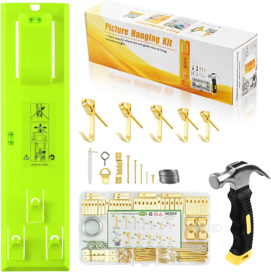 Stalishare Picture Hanging Kit, Goodsnova Picture Hanging Tool with Level for Easy Marking Position, Including 218PCS Instaframe Hanging Kit with Hooks, Nails, Wires, Hammer for Art/ Photos (Green)
