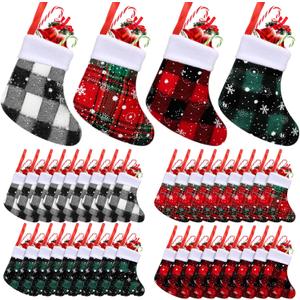Seematn 100 Pcs Mini Christmas Stockings Buffalo Plaid Snowflake Stockings with Plush Cuff Christmas Socks Bulk for Christmas Tree Hanging Ornaments Xmas Table Dinnerware Decor