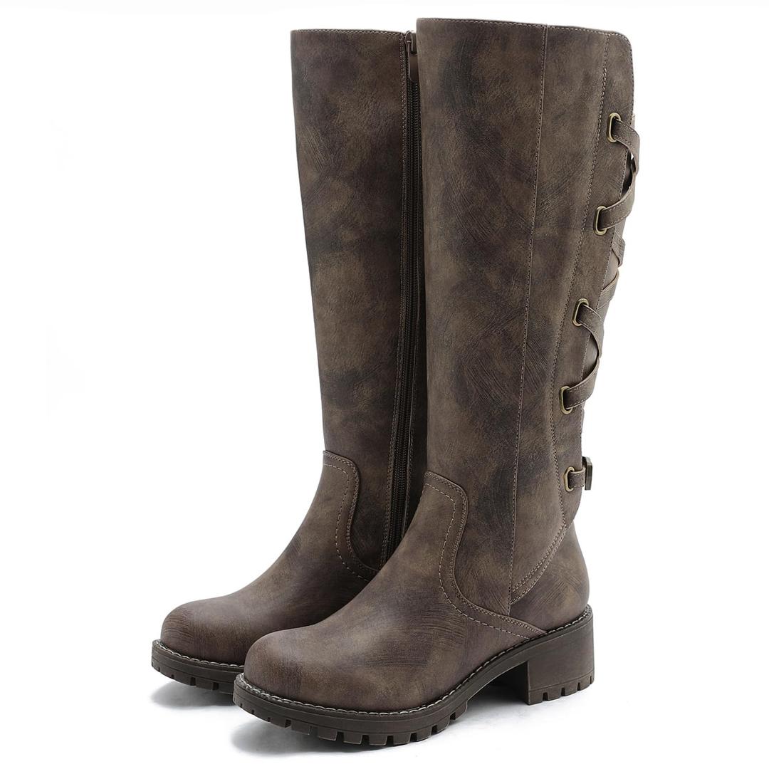 GLOBALWIN Women's Strappy Motorcycle Knee High Boots Brown Wide Calf Riding Boots Fall Winter Fashion Knee High Boots For Women 9M