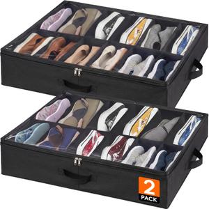 Lifewit Under Bed Shoe Storage Organizer 2 Pack(12 Shoes Cells), 4.3 Inches Profile Fabric Shoes Container Box with Clear Cover, Foldable Storage Bag with 2 Handles, Fits 12 to 24 Pairs