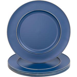 MAONAME Blue Charger Plates, 13" Plastic Round Charger for Dinner Plates, Plate Chargers Set of 6, Beaded Table Chargers for Wedding, Table Setting