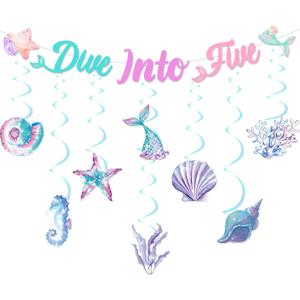 Mermaid 5th Birthday Party Decoration Girl, Dive into Five Banner Mermaid Theme Hanging Swirl Ceiling Streamer for Under The Sea Beach Ocean 5 Year Old Girl Birthday Decoration