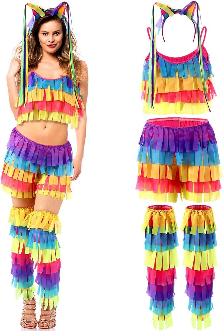 Pinata Halloween Costume for Women Multicolor Headband Leg Warmers Bikini Set for Halloween Cosplay (Medium)