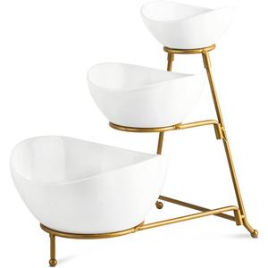 YHOSSEUN 3 Tier Serving Stand Oval Serving Bowl with Metal Rack, Tied Serving Bowls Food Display Dessert Appetizer, Chip and Dip Serving Bowl Set for Parties, Gold-45oz / 17.5oz / 7oz