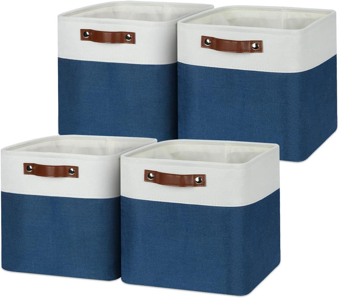 Temary Fabric Storage Cubes 11x11 Cube Storage Bins 4Pack Blue Storage Baskets for Organizing Home, Closet, Empty Gift Baskets with Handles (White&Blue) 