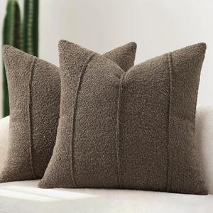 YCOLL Textured Boucle Throw Pillow Covers 24x24 Pack of 2 - Soft Neutral Striped Cushion Covers, Cozy Accent Decorative Pillow Covers for Couch, Sofa, Bed, Living Room (Brown)