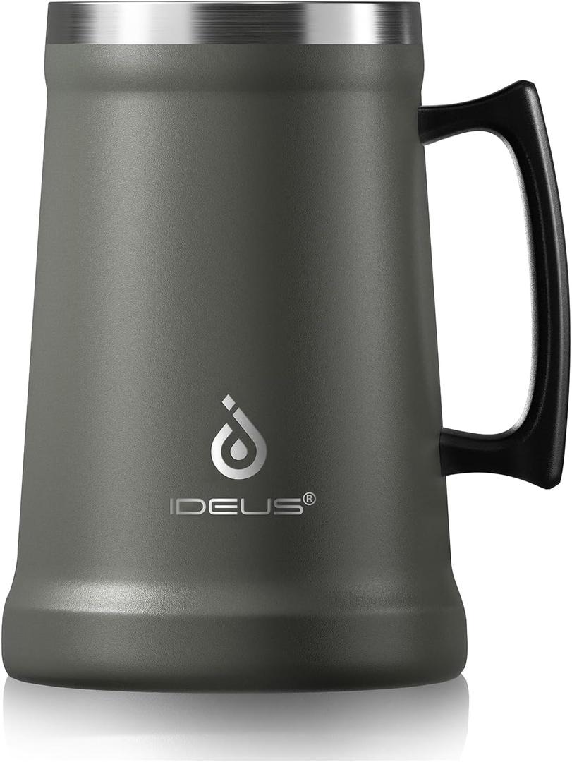 Ideus Insulated Beer Stein, 24/32oz Stainless Steel Double Walled Beer Mug Giant Bar Drinkware Metal Beer Cup with Big Grip Handle, Grey, 34 ounces (1,000ml)